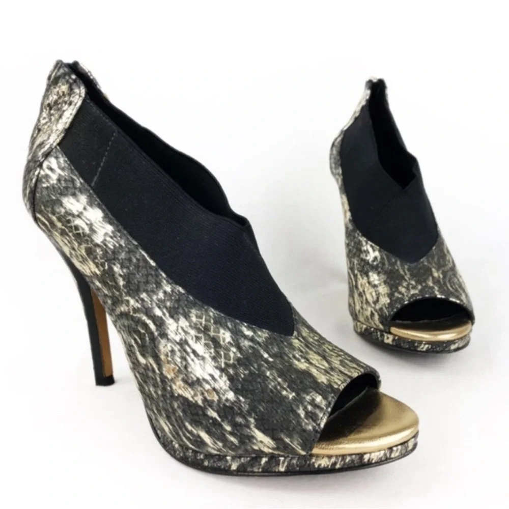 Donald J Pliner Bootie Pumps Sassi Platino Brocade Open Toe Heel Size 8